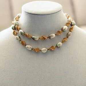 Vintage Trifari Baroque Pearl Necklace Gold Tone Double Strand 1950s Rare